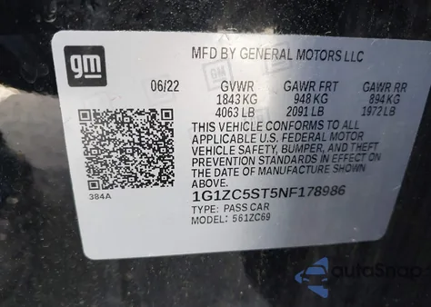 2022 Chevrolet Malibu Fwd 1Fl from USA, damaged, VIN 1G1ZC5ST5NF178986